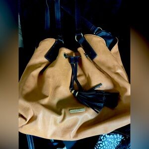 Tan Leather Tote Bag with Black Accents